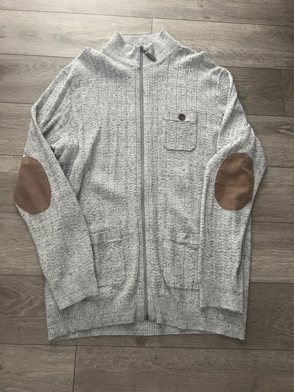 NEW! Men's Light Gray Full-Zip Sweater with Brown Elbow Patches
